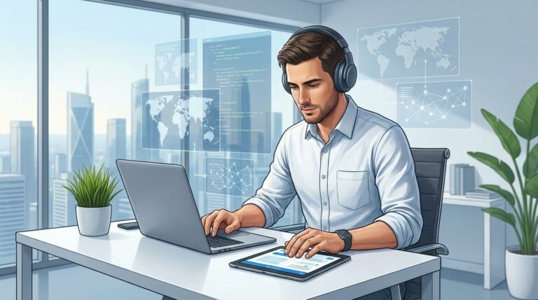 Profissional de tecnologia praticando inglês de forma eficaz e focada para avançar na carreira internacional