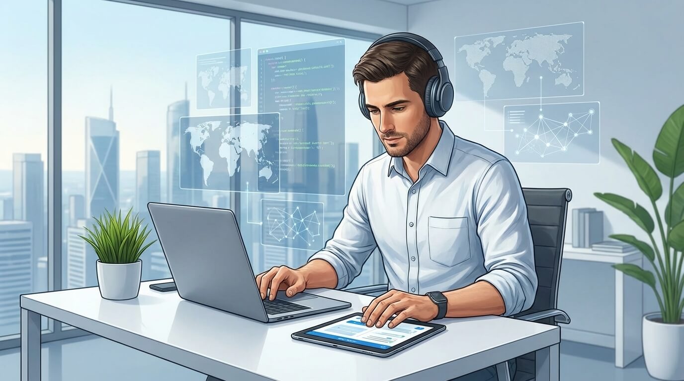 Profissional de tecnologia praticando inglês de forma eficaz e focada para avançar na carreira internacional