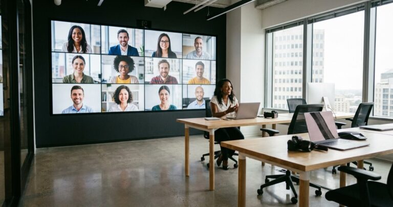 Profissional de tecnologia usando inglês corporativo em reunião internacional