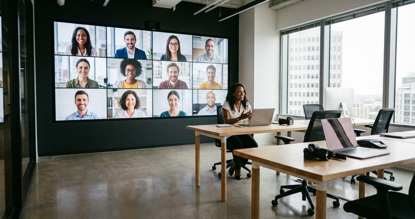 Profissional de tecnologia usando inglês corporativo em reunião internacional