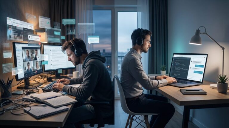 Profissional de tecnologia estudando inglês com foco e clareza para avançar na carreira nternacional