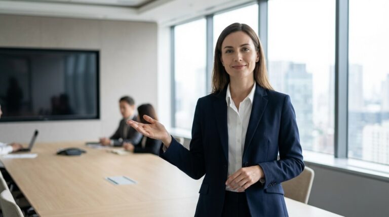 Profissional falando inglês com confiança em ambiente corporativo