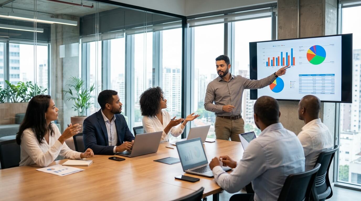 Profissional de tecnologia participando de reunião internacional em inglês