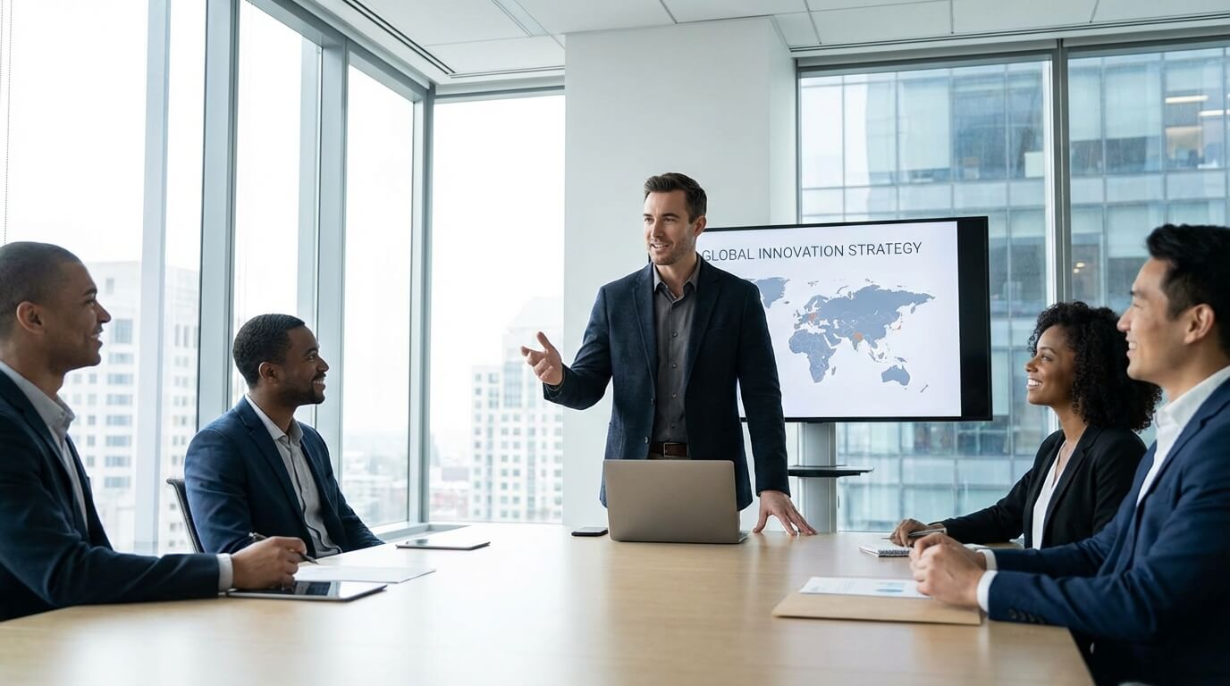 Profissional de tecnologia falando inglês com confiança em reunião