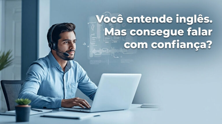 Profissional brasileiro participando de reunião internacional online praticando pronúncia de inglês