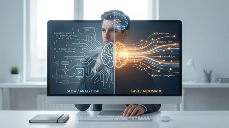 Profissional de tecnologia processando inglês com cérebro analítico e automático