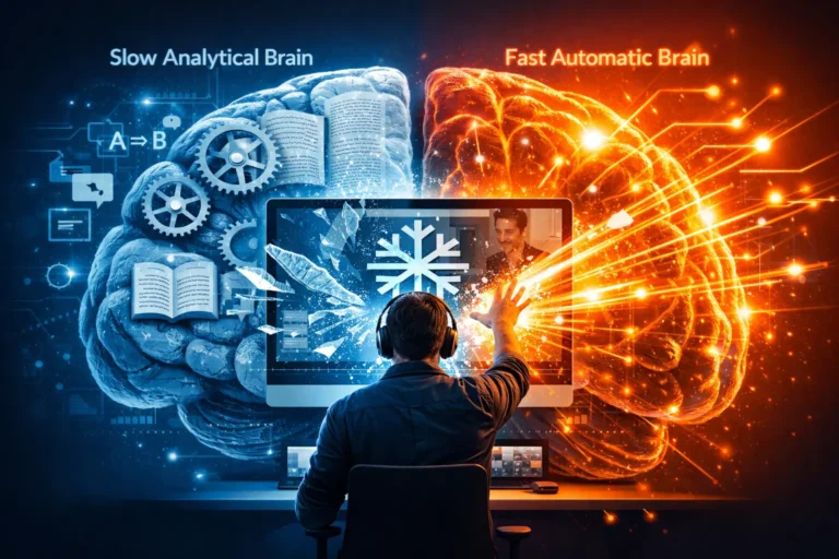 Ilustração conceitual sobre o congelamento biológico da fala em inglês para profissionais de TI.