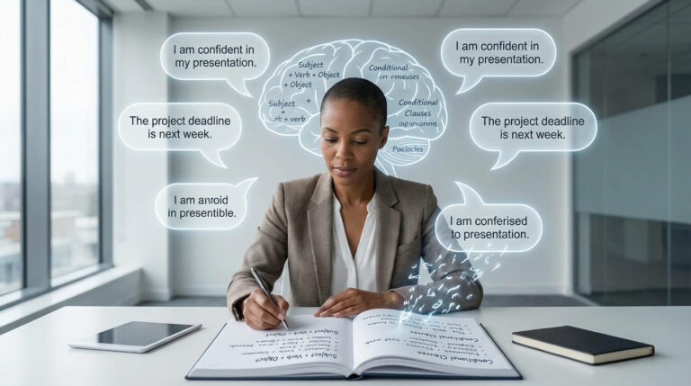 Profissional adulto integrando estudo de gramática com prática de conversação em inglês