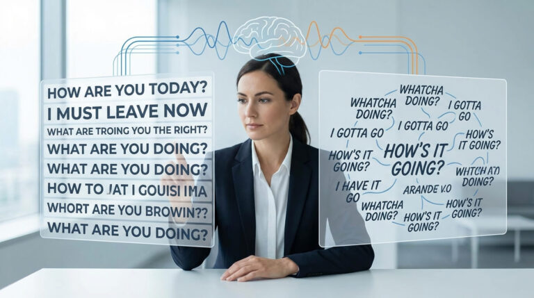 Profissional tentando compreender inglês nativo falado rapidamente em ambiente corporativo