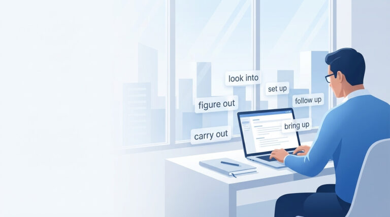 Infográfico mostrando exemplos de phrasal verbs comparados com verbos formais em inglês