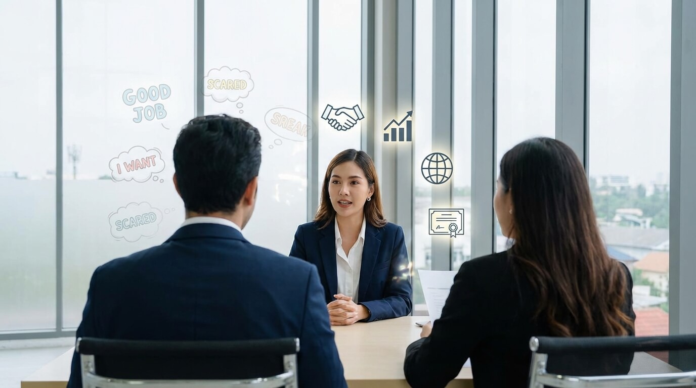 Candidato respondendo entrevista de emprego em inglês de forma confiante e estruturada.